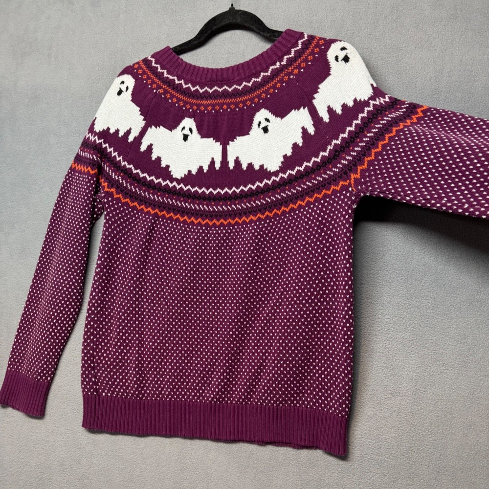ModCloth Ghost Sweater Halloween Fair Isle Purple Cotton Knit Large Retro Spooky - Picture 4 of 12